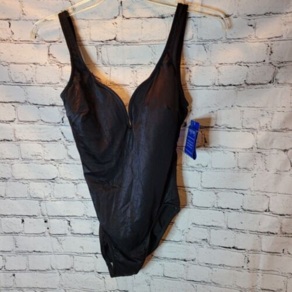 Backflips One Piece Swimsuit Women‎ 13/14 Black NEW Shimmer V-Neck 44820E USA